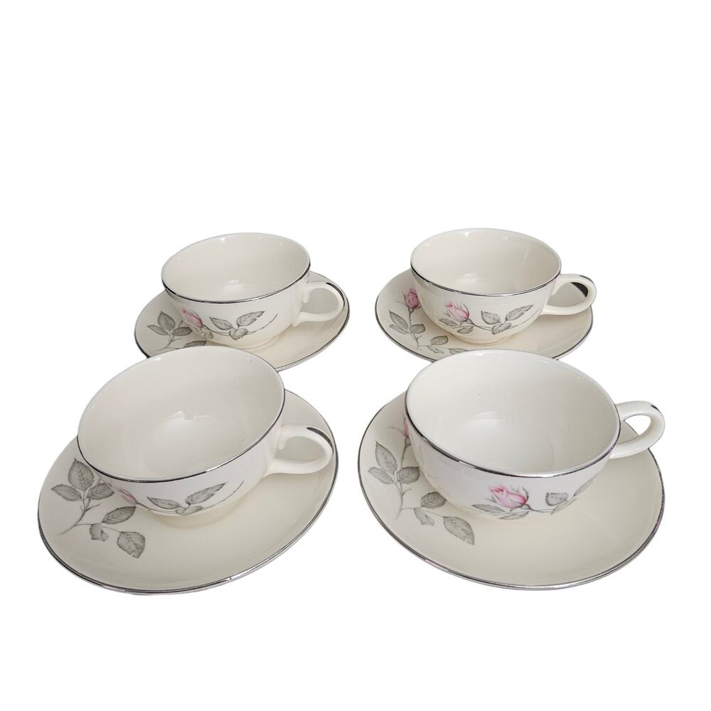 Zylstra Rose Pink Rose Cup Saucer Set of 4 Made in USA Silver Trim Vintage